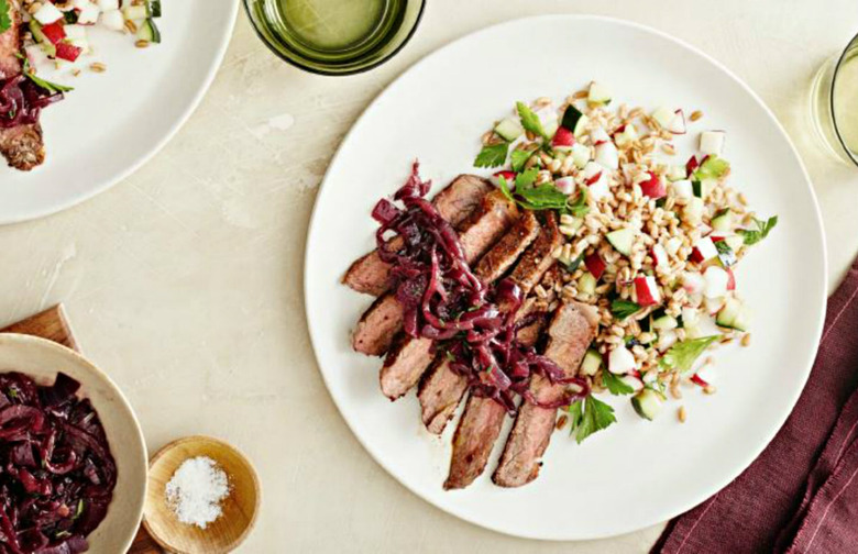 Seared Sirloin With Red Onion Jam and Cucumber-Radish Farro Salad