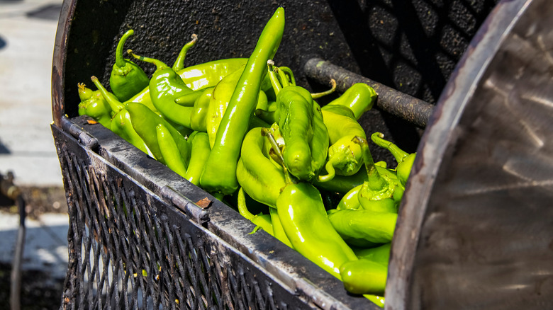 Hatch chiles in pepper roaster