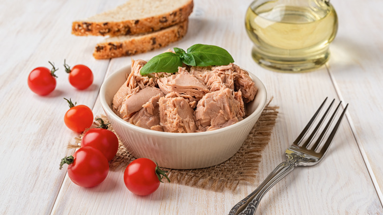 canned tuna in a bowl on table