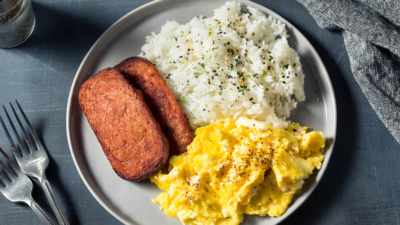 Fried spam, rice, scrambled eggs