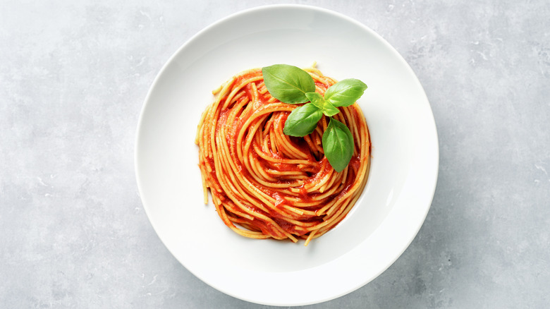 Plate of spaghetti with tomato sauce