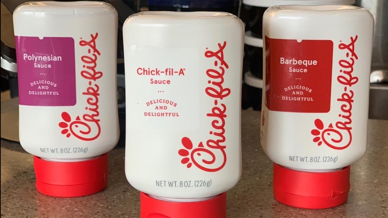 Bottles of assorted Chick-fil-A sauces