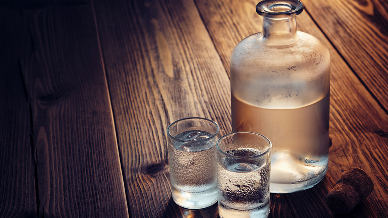 Frosty bottle and glasses of vodka