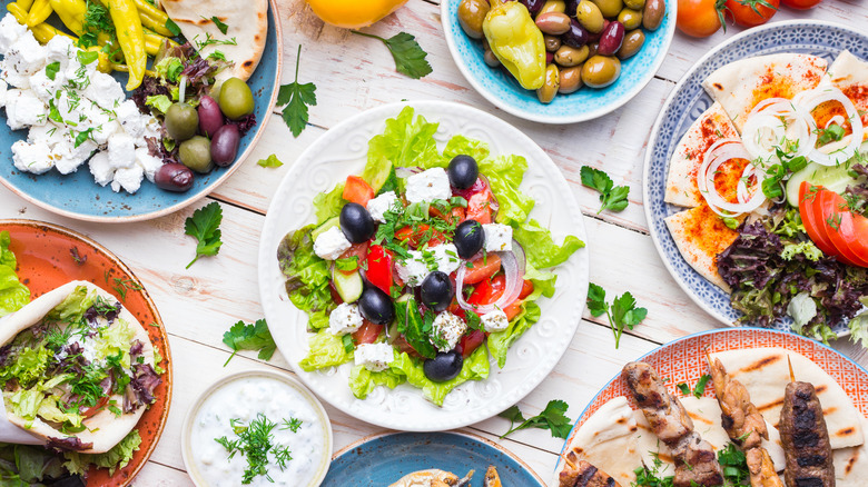 traditional Greek meze plates on table