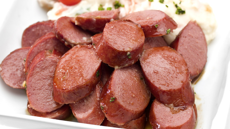 sliced kielbasa on plate