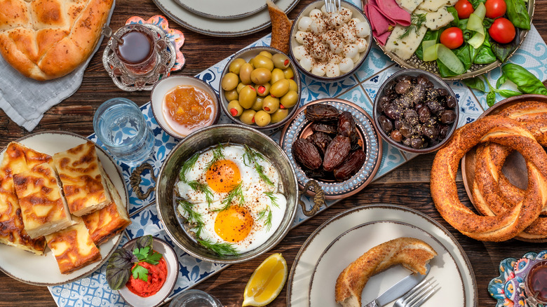 Full spread of traditional Turkish breakfast foods