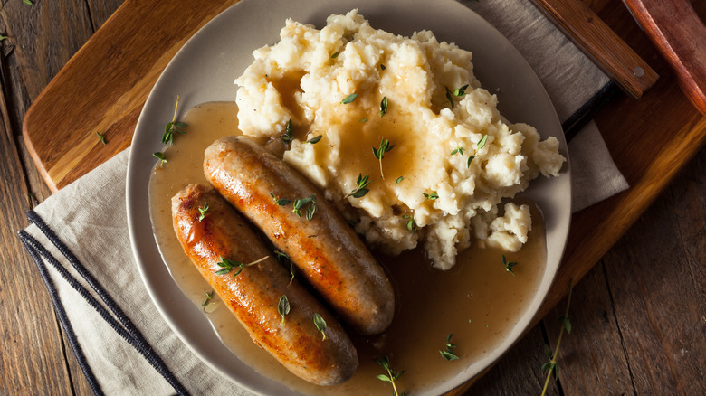 Bangers and mash on plate 