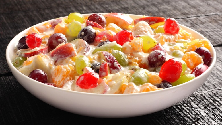 Bowl of creamy fruit salad 