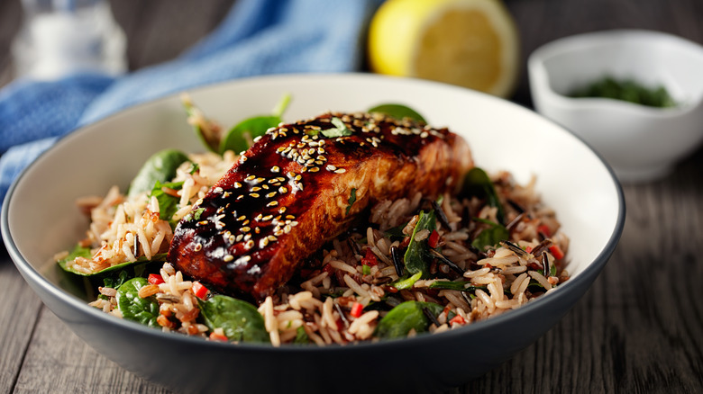 salmon atop wild rice