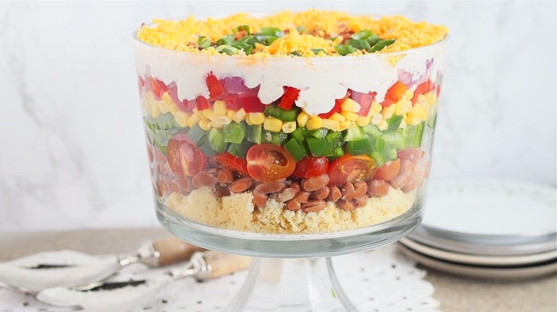 Cornbread salad in trifle bowl