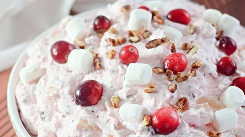 Cranberry fluff with marshmallows and pecans