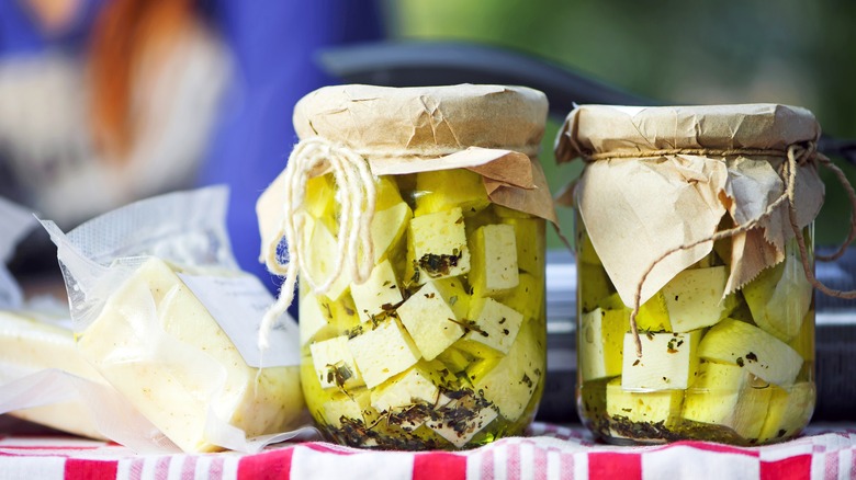 Feta cubes in brine