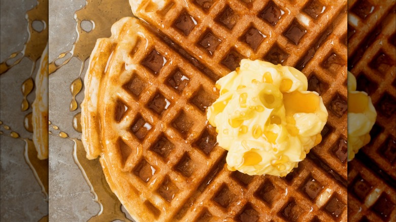 Waffle with butter and syrup