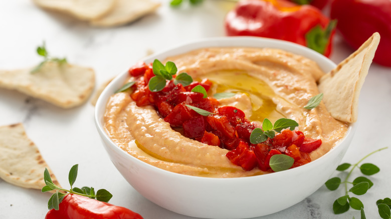 Bowl of red pepper hummus