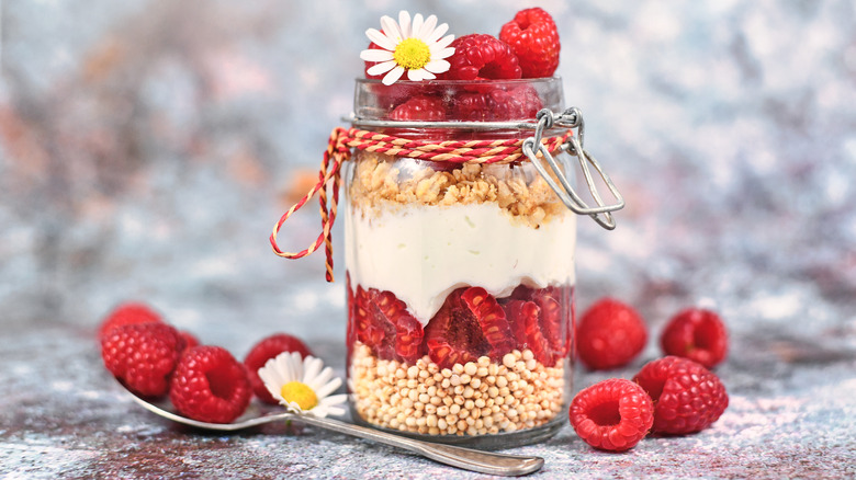 Icelandic skyr with raspberries and granola in a glass jar 