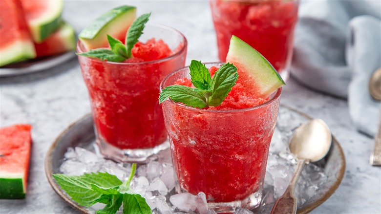 Watermelon granita in clear glasses