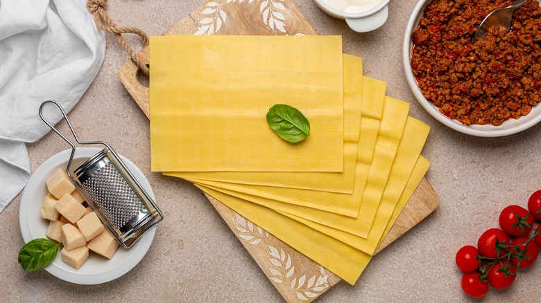 lasagna ingredients laid out on countertop