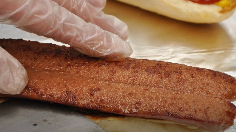 close up of grilled hot dog