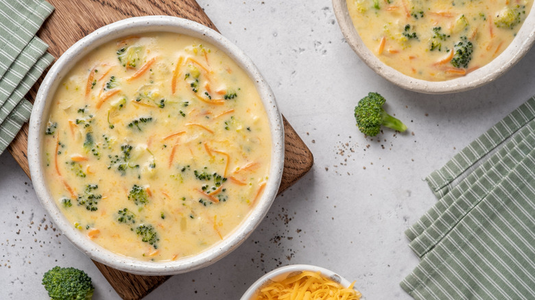 Broccoli cheddar soup on countertop