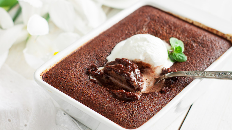 Pan of self-saucing pudding