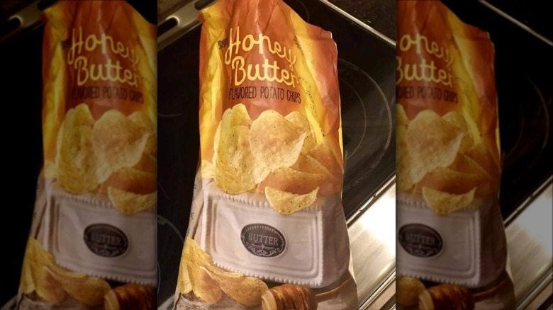 A close up of trader joe's honey butter potato chips