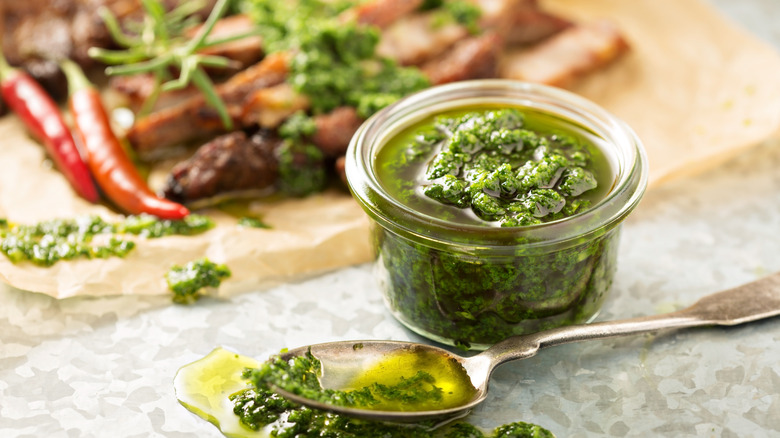 cup of Chimichurri with spoon