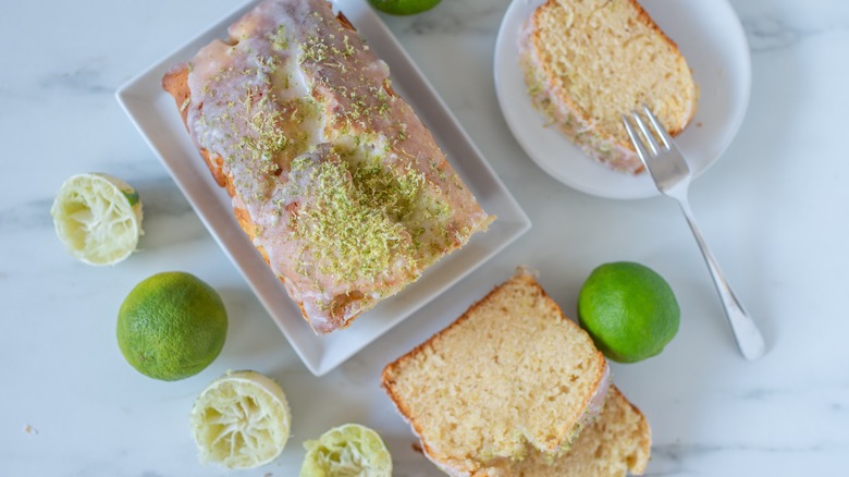 Margarita pound cake with lime zest on marble