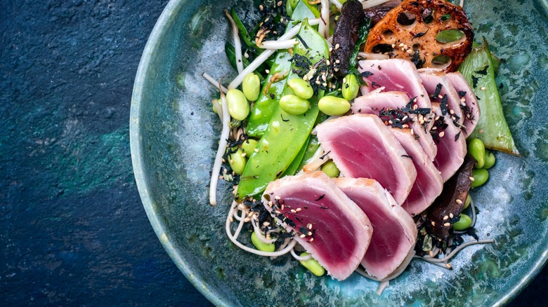 Seared tuna on plate