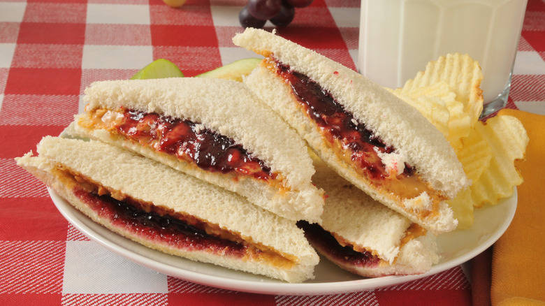 Peanut butter and jelly sandwich with a side of potato chips