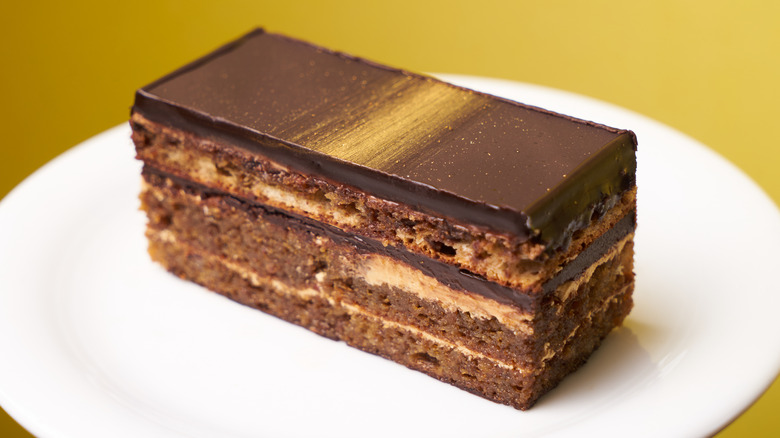 French Opera Cake with a gold dusting on top