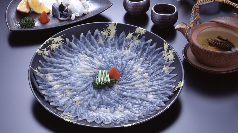 thinly sliced translucent fugu sashimi