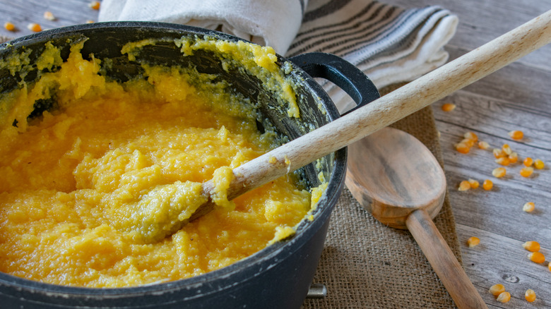 Cooked polenta in pot