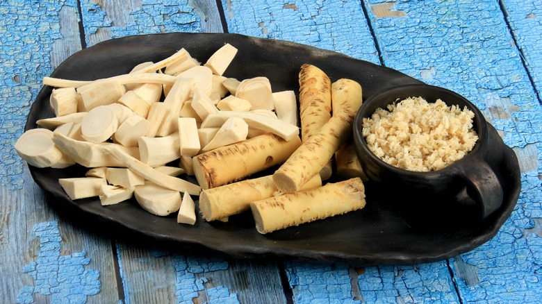 Horseradish root on a plate