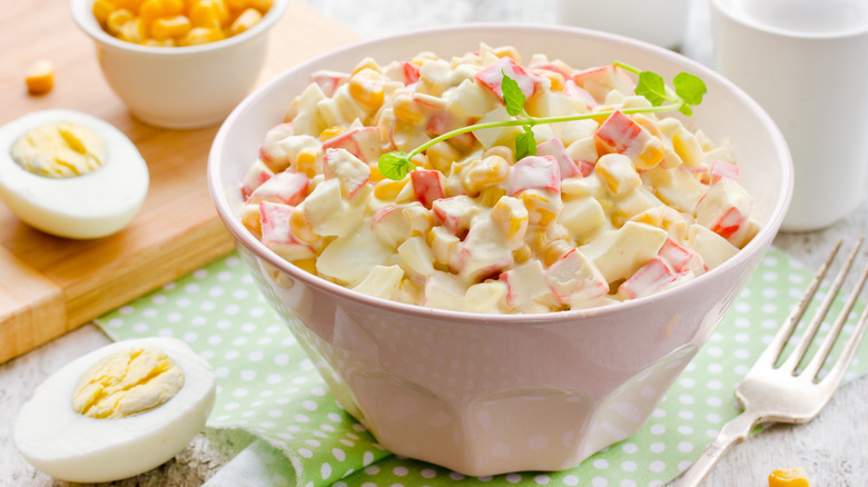 Imitation crab salad in bowl