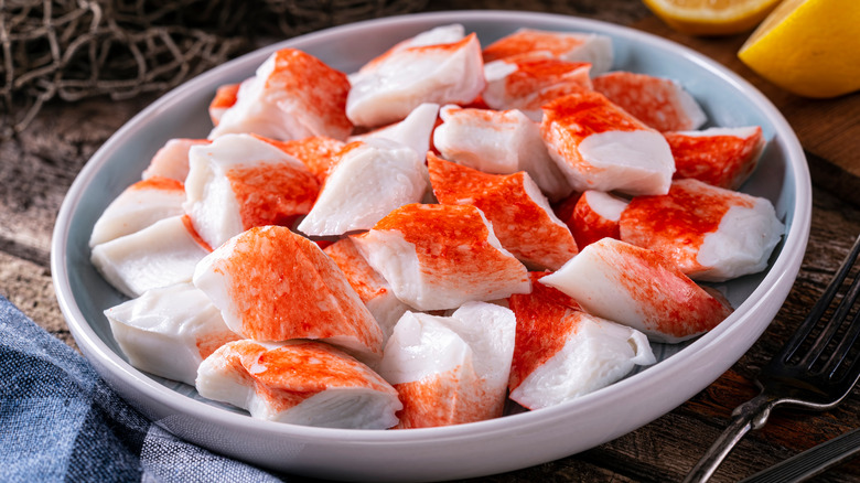 Imitation crab chunks in bowl