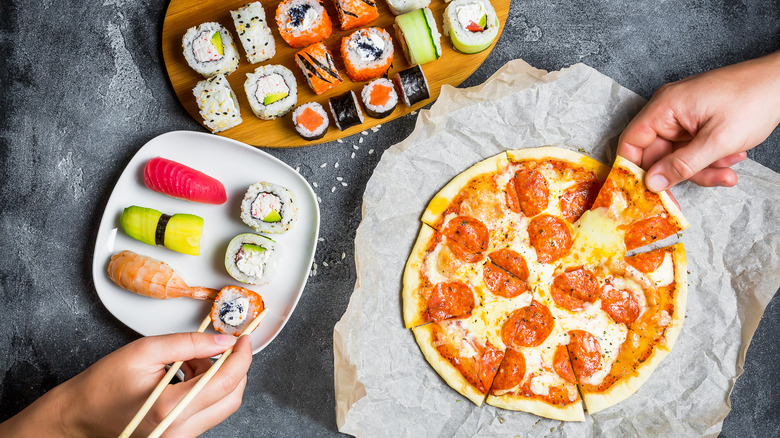 Sushi and pepperoni pizza