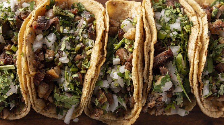 Steak tacos piled up