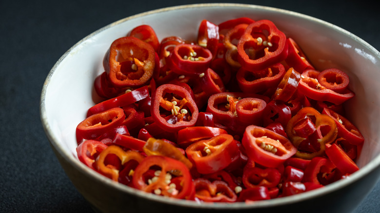 Bowl of chopped red peppers