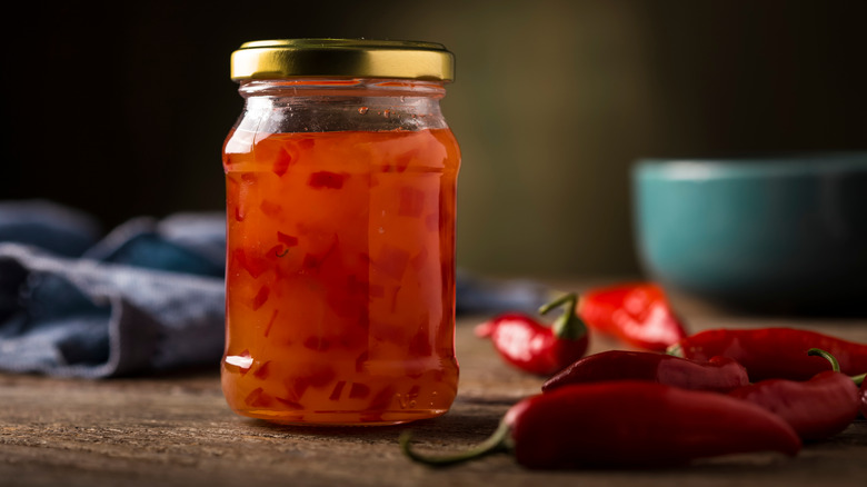 Glass jar of pepper jelly