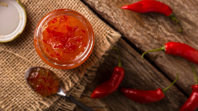 Open jar of pepper jelly