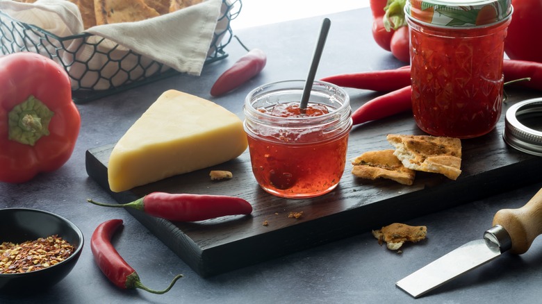 Pepper jelly on cheese board