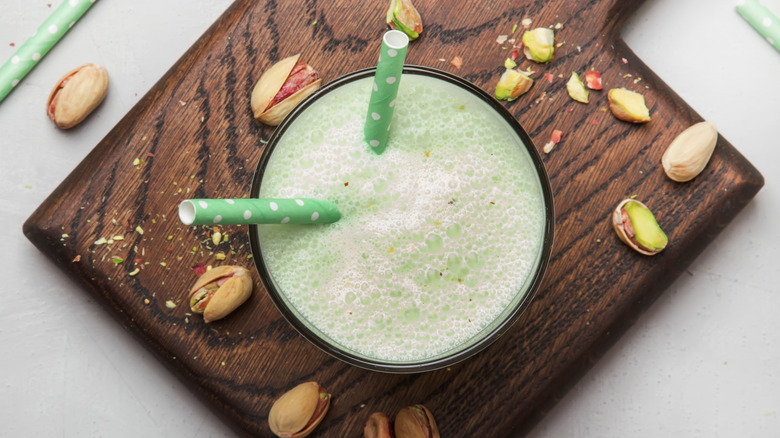 A creamy beverage made with pistachio milk