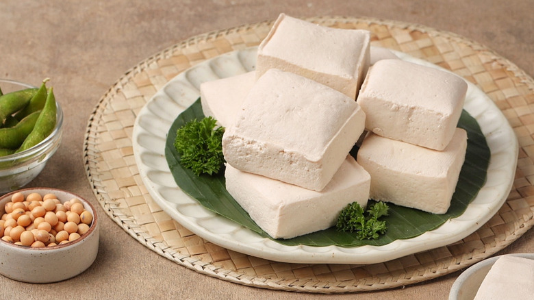 Tofu blocks on plate