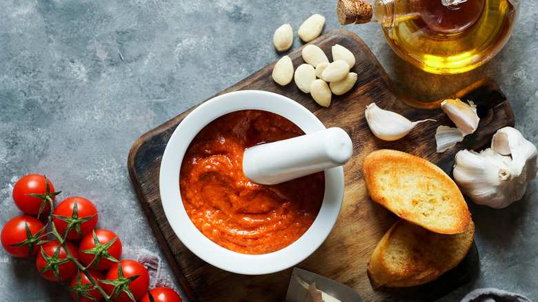 Fresh romesco in a mortar