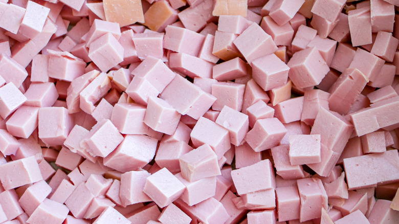 Cubes of boiled sausage