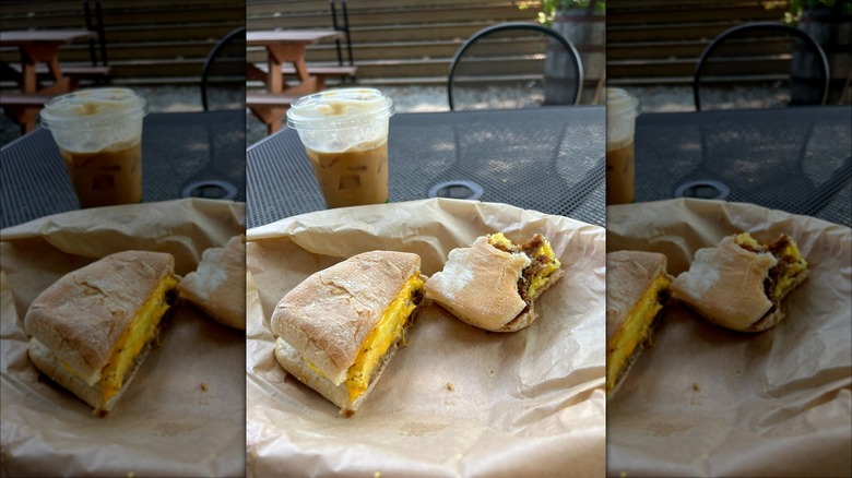 Goetta, egg, and cheese roll on brown paper bag