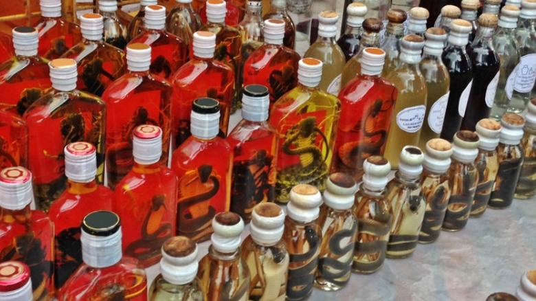 Large selection of snake whiskey