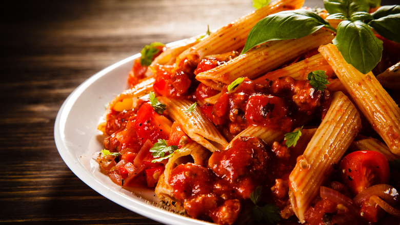 pasta with meat sauce on a plate