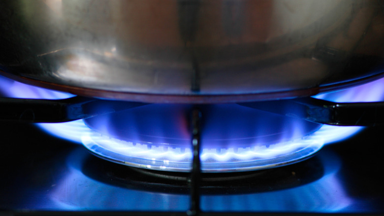 Metal pot over blue gas flame