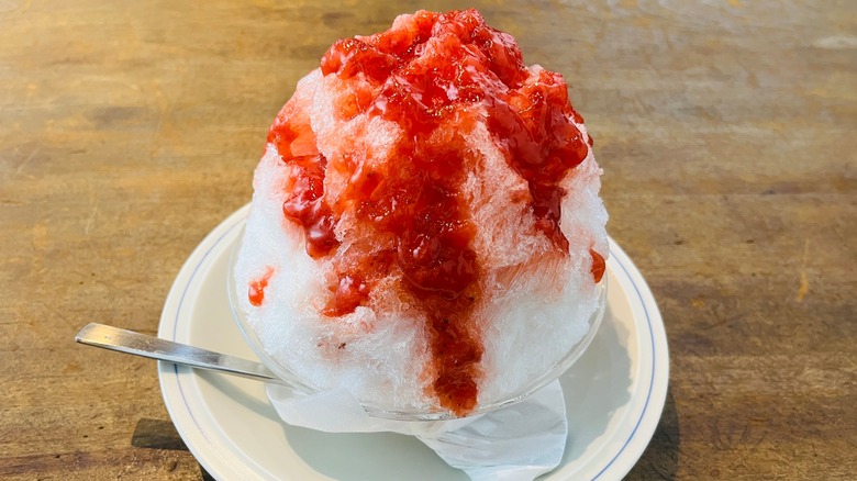 finely shaved ice topped with red syrup